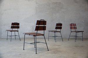 Set of Four 1950s Iron and Exotic Wood Side Chairs.