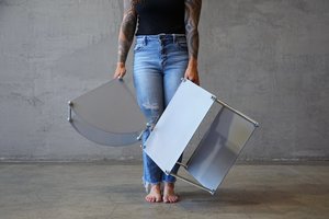 Standard and Corner Table in Cement Gray.