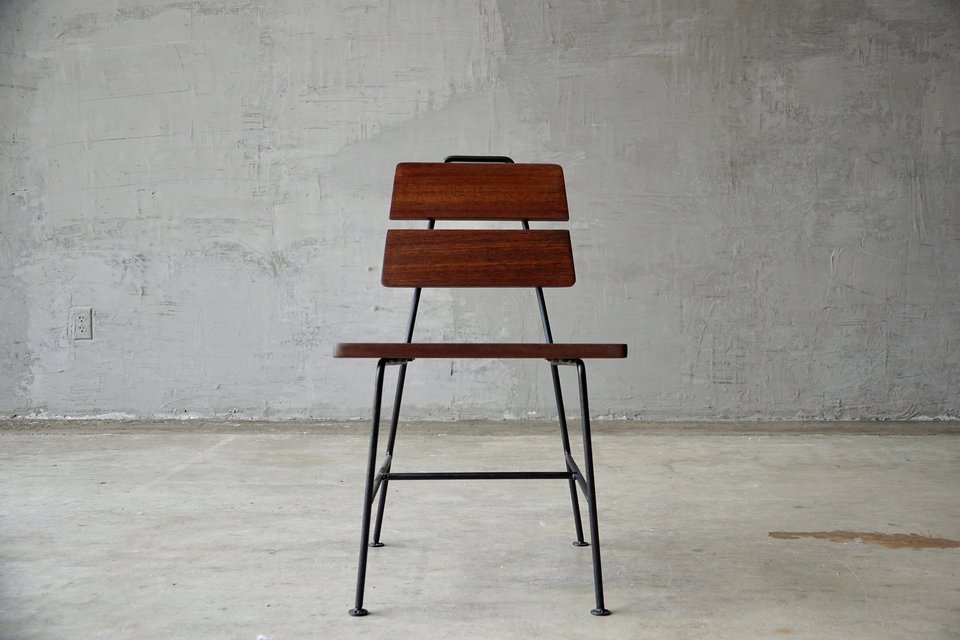 Set of Four 1950s Iron and Exotic Wood Side Chairs.