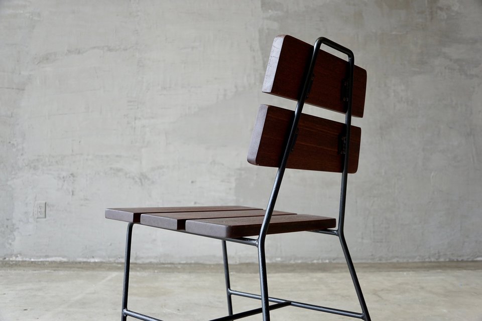 Set of Four 1950s Iron and Exotic Wood Side Chairs.