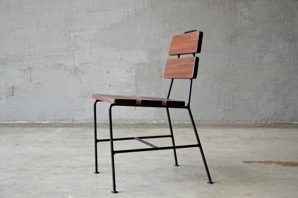 Set of Four 1950s Iron and Exotic Wood Side Chairs.