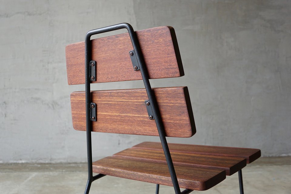 Set of Four 1950s Iron and Exotic Wood Side Chairs.