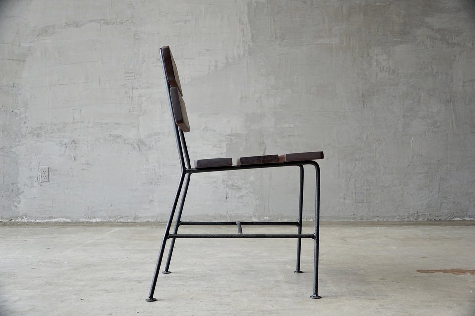 Set of Four 1950s Iron and Exotic Wood Side Chairs.