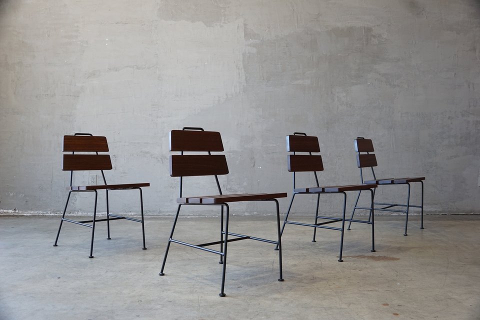 Set of Four 1950s Iron and Exotic Wood Side Chairs.