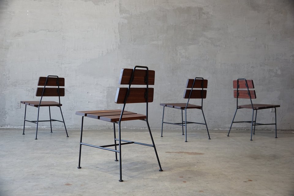 Set of Four 1950s Iron and Exotic Wood Side Chairs.